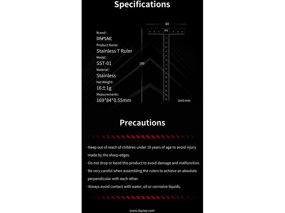 DSPIAE - SST-01 Stainless Steel T-Ruler (Roostevabast terasest T-joonlaud), DS56008 hind ja info | Käsitööriistad | kaup24.ee