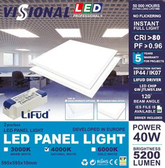 VISIONAL Professional+ LED paneelid (2 tk pakendis) 40W / 5200Lm / LIFUD draiver kaasas / OSRAM LED kiibid / MITTE FLICKER / IP44 / IK07 / PF≥0.96 / CRI>80 / PMAA 3mm klaas / 120° / IES Files / 595 x 595 mm / 1 TÜKI HIND hind ja info | Süvistatavad ja LED valgustid | kaup24.ee