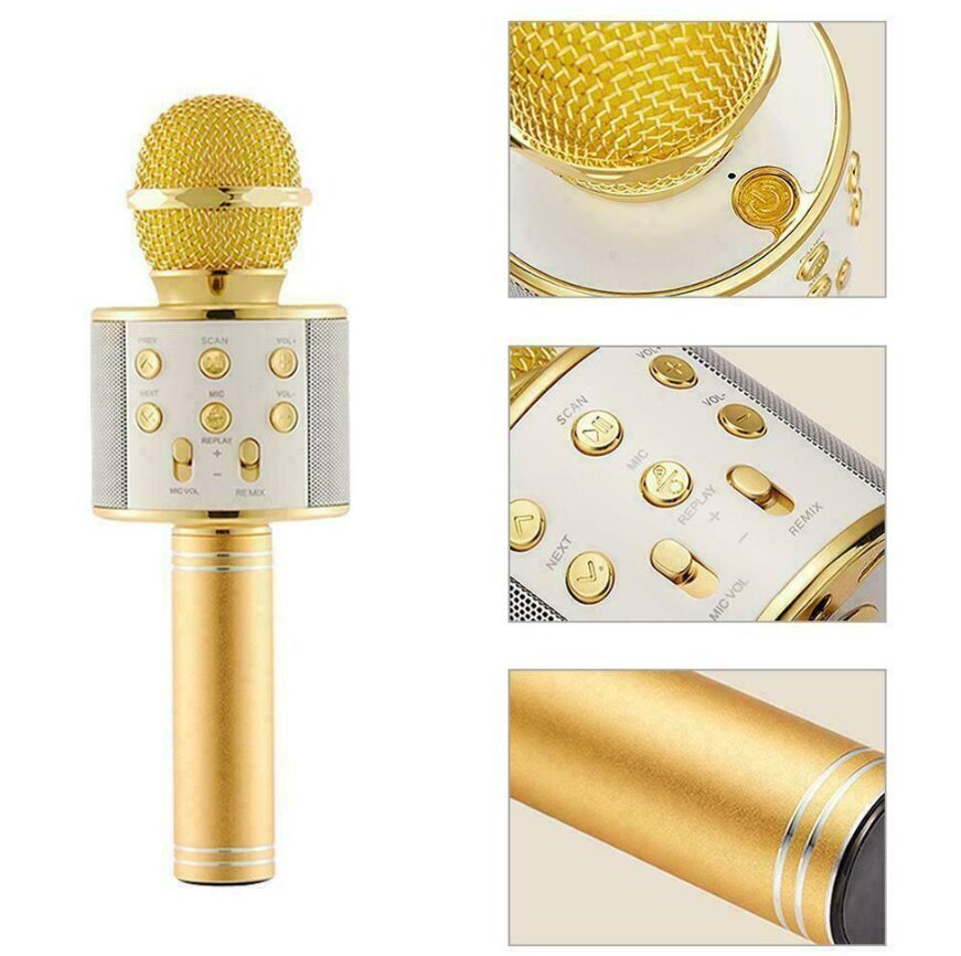 WS-858 juhtmevaba karaoke mikrofon- Bluetooth käsikõlar, kuldne цена и информация | Mikrofonid | kaup24.ee