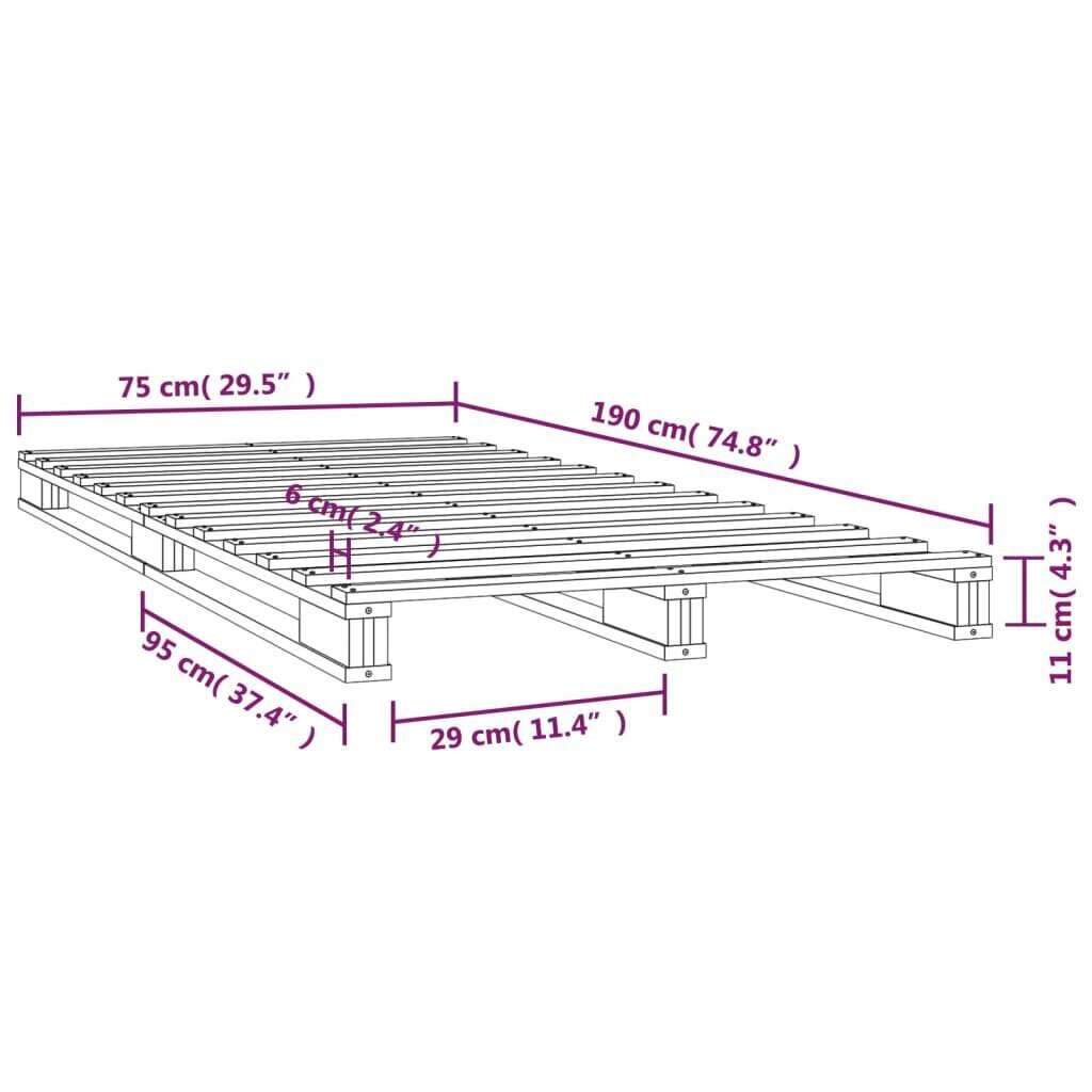 vidaXL voodiraam, hall, 75 x 190 cm, männipuit hind ja info | Voodid | kaup24.ee