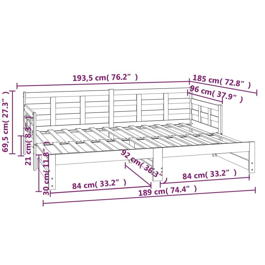 vidaXL väljatõmmatav päevavoodi, valge, männipuit, 2 x (90-190) cm цена и информация | Voodid | kaup24.ee