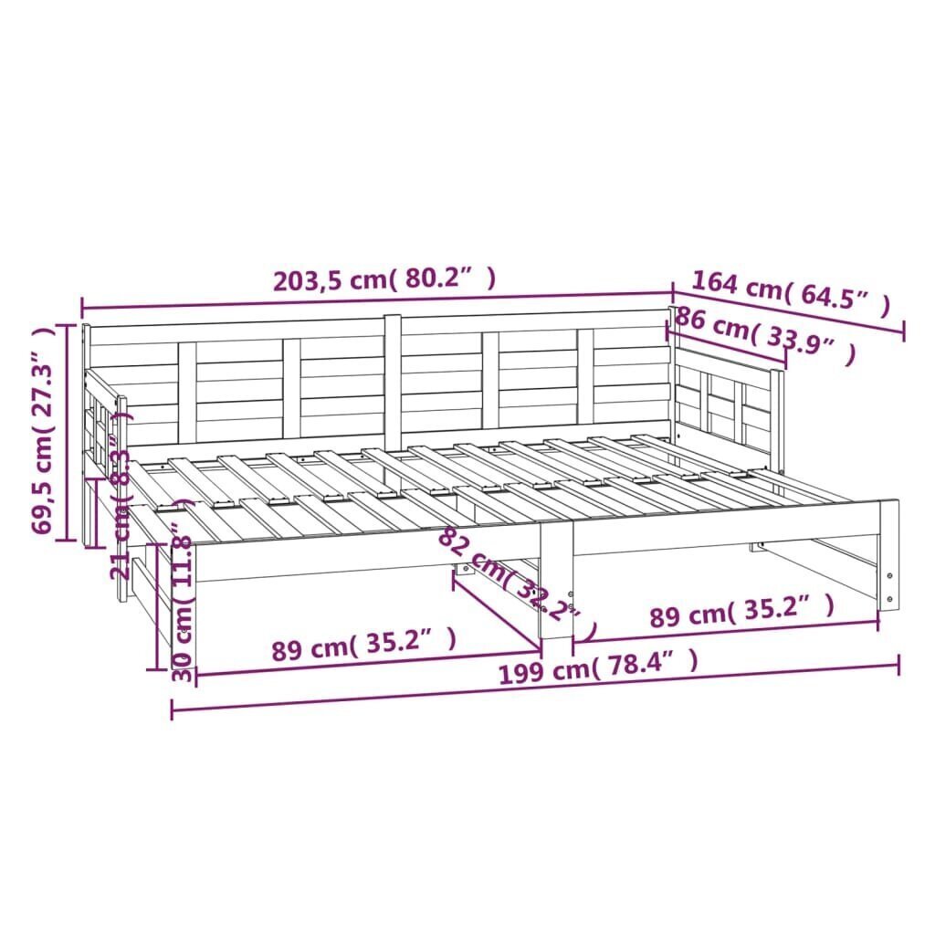 vidaXL väljatõmmatav päevavoodi, valge, männipuit, 2 x (80-200) cm hind ja info | Voodid | kaup24.ee