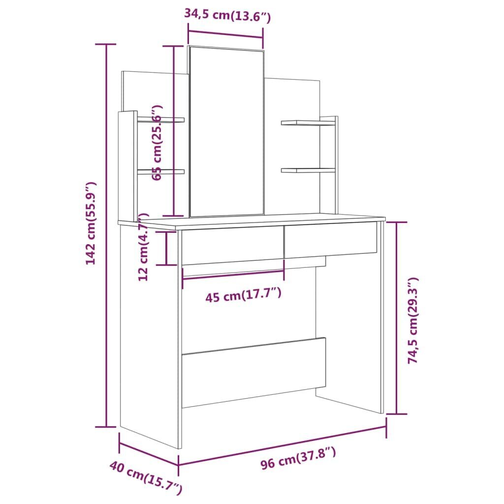 vidaXL peegliga tualettlaud, pruun tamm, 96 x 40 x 142 cm цена и информация | Meigilauad | kaup24.ee