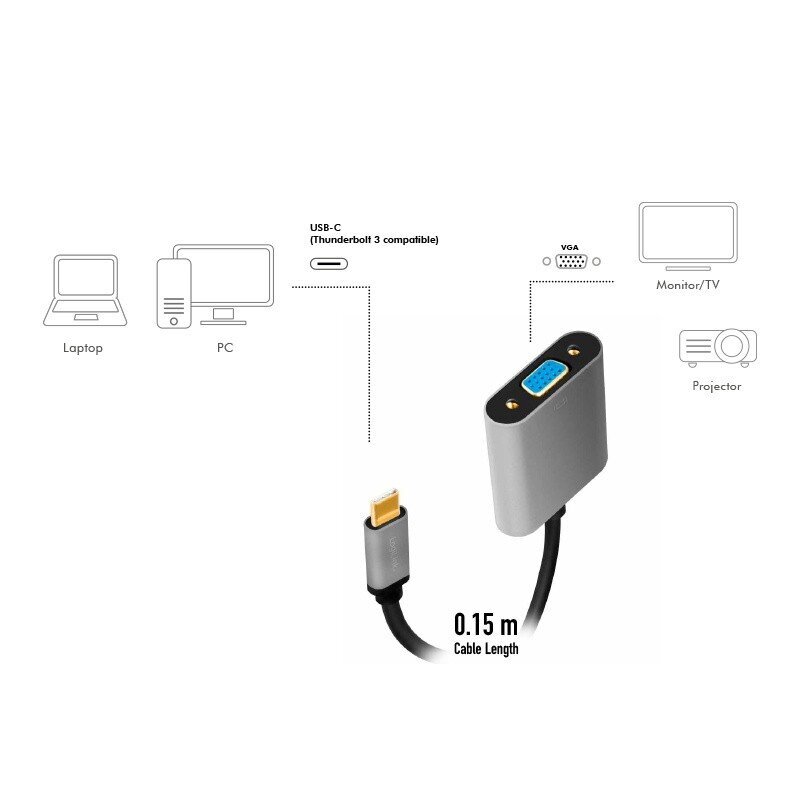 USB-C to VGA adapter, 1080p, alu, 0.15m hind ja info | USB jagajad, adapterid | kaup24.ee