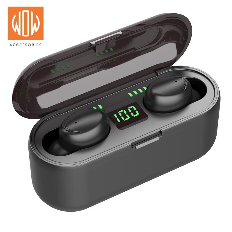 WoW F9 Sport & Leisure Super-Fit TWS Bluetooth 5.1 stereokõrvaklapid HD mikrofoni LED-laadimisega USB Powerbank Black hind ja info | Kõrvaklapid | kaup24.ee