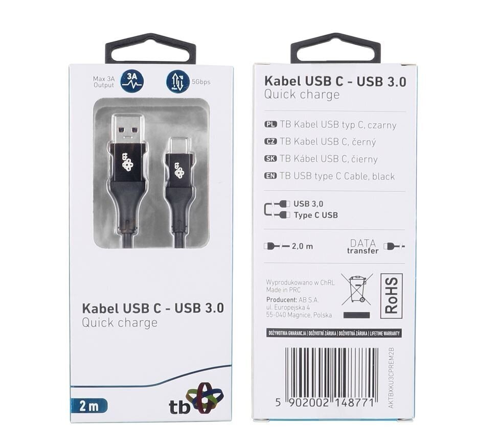 TB Kaabel USB 3.0-USB C 2m PREMIUM 3A must TPE hind ja info | Mobiiltelefonide kaablid | kaup24.ee