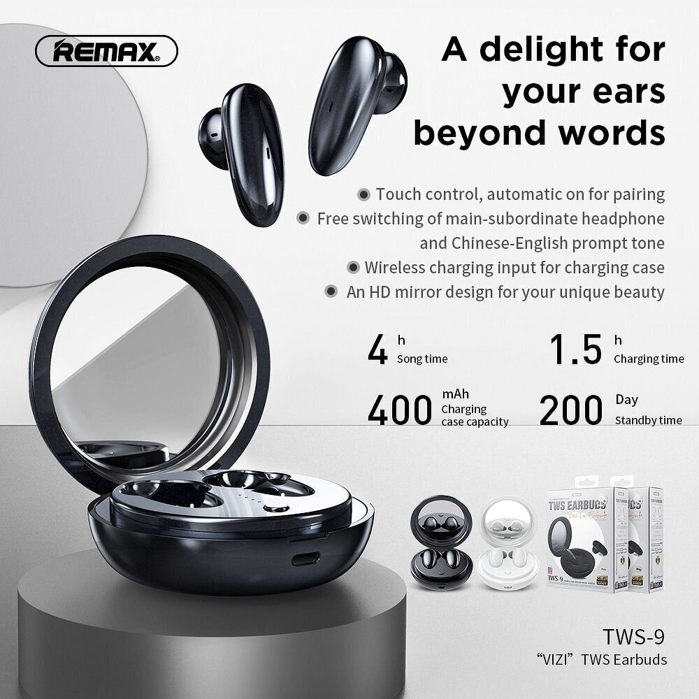 Juhtmevabad stereokõrvaklapid Remax TWS-9 koos dokkimisjaama ja peegliga - must hind ja info | Kõrvaklapid | kaup24.ee