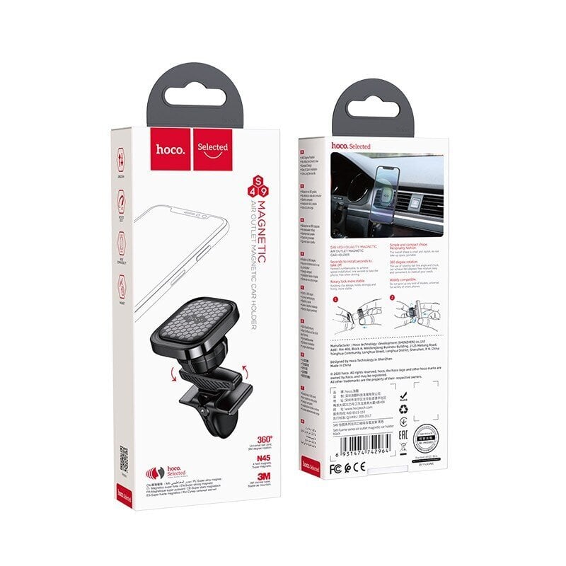 Auto universaalne telefonihoidik Hoco S49 paigaldatud ventilatsioonivõre külge, magnetiline, must hind ja info | Mobiiltelefonide hoidjad | kaup24.ee
