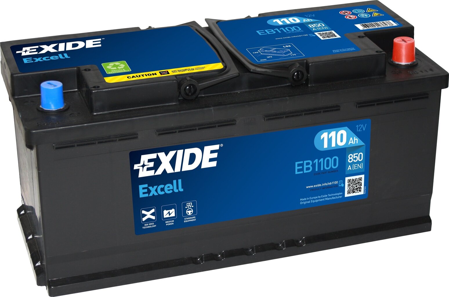 Käivitusaku Exide Excell 110Ah 850A 394x175x190-+ hind ja info | Akud | kaup24.ee