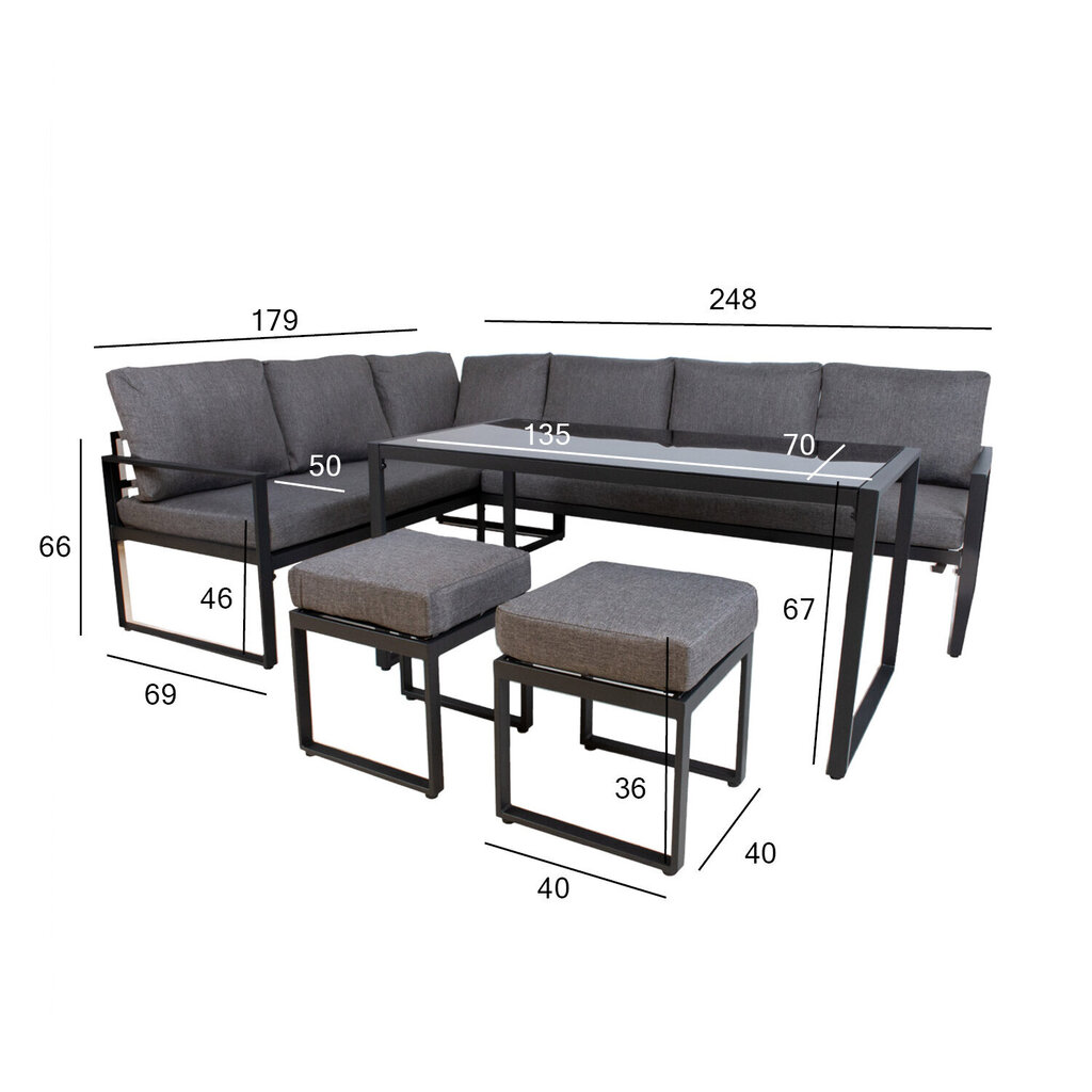 Komplekt LEIPZIG nurgadiivan 179x69xH66cm 2tk, 2 tumbat 60x60xH36cm, laud 135x70xH67cm, teras, klaas, polüesterkangas цена и информация | Aiamööbli komplektid | kaup24.ee