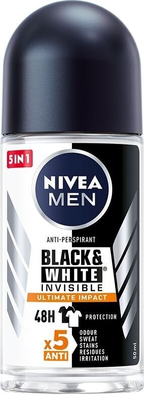 Rulldeodorant Nivea Black & White Invisible Ultimate Impact 5in1 50 ml hind ja info | Deodorandid | kaup24.ee