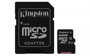 MEMORY MICRO SDXC 64GB UHS-I/W/ADAPTER SDCS/64GB KINGSTON цена и информация | Карты памяти | kaup24.ee