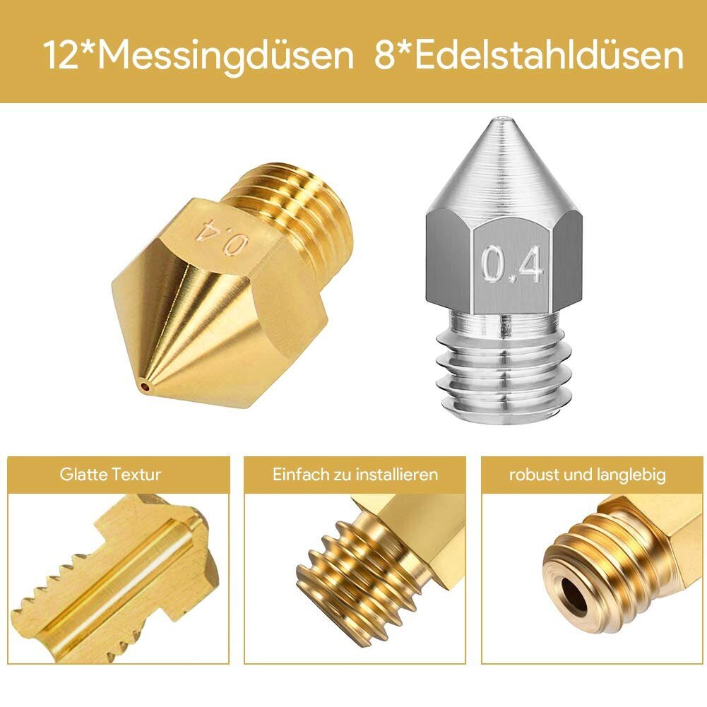 Telgoner 20 STK 3D-printerite komplekt, 12x messingist düüsided+8x roostevabast terasest pihustid MK8 düüs 0,2 mm 0,6 mm 0,8 mm 1,0 mm ekstruuderi düüside jaoks, millel on düüsipuhastusvahend igaühecubic mega/creality CR-10/sisestage цена и информация | Nutiseadmed ja aksessuaarid | kaup24.ee