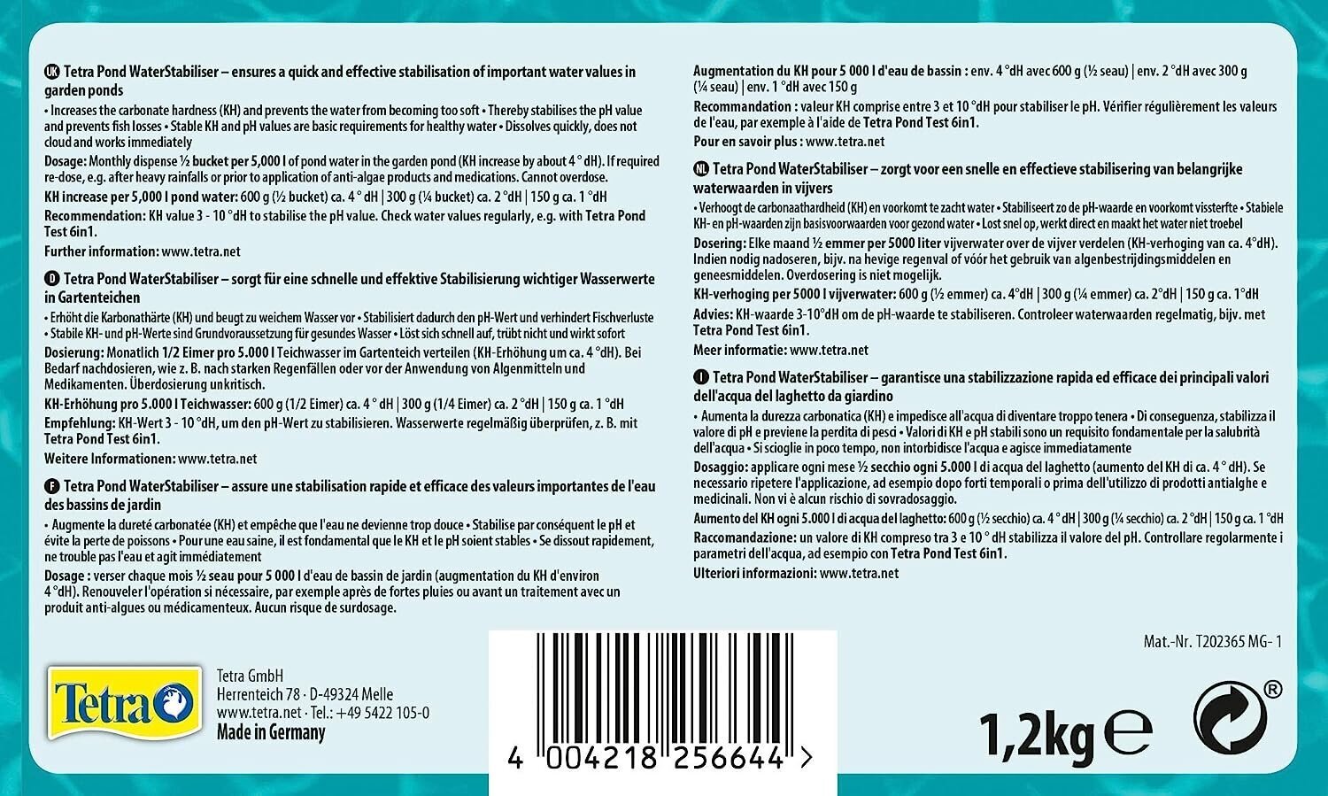 Tetra tiigi vee stabiliseerija- stabiliseerib olulisi veeväärtusi, optimeerib aiatiigis kH ja pH väärtust, hoiab ära pehmed tiigi vee, 1,2 kg ämbrit цена и информация | Akvaariumid ja seadmed | kaup24.ee