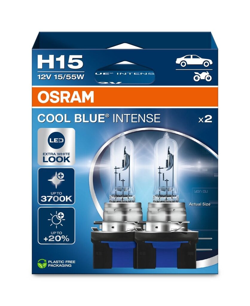 Osram Cool Blue® intensiivne H15, +20% suurem heledus, kuni 3700k, halogeeni esitulelamp, LED-välimus, duo kast (2 lampi), 64176cbn-HCB цена и информация | Autopirnid | kaup24.ee