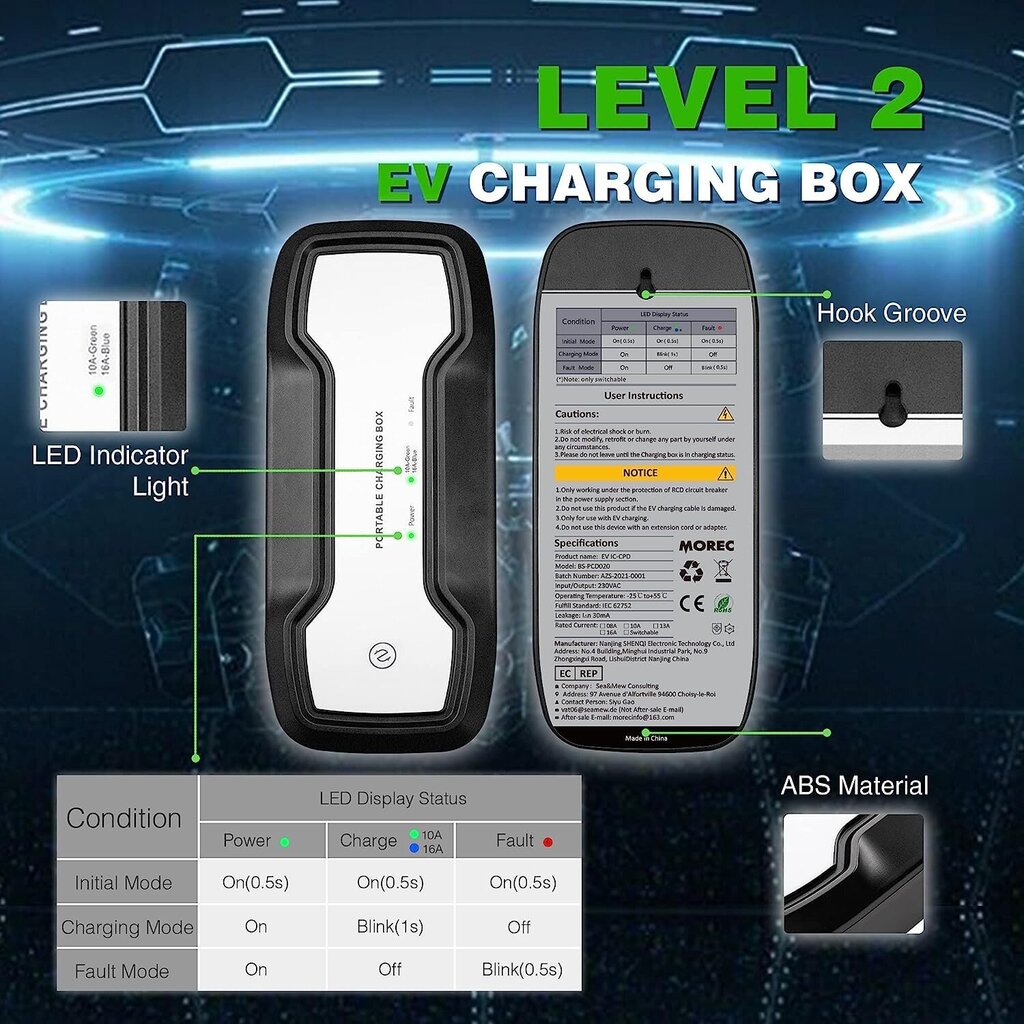 MOREC TYPE2 kaasaskantav EV laadimiskaabel Standardne lülitatav laadimiskast 10/16A Schuko 2-kontaktiline laadija IEC 62196-2 EVSE Elektriauto (euroühendus) 2,2/3,6kW, 7,5m/24,6 jalga цена и информация | Elektriautode laadimisjaamad | kaup24.ee