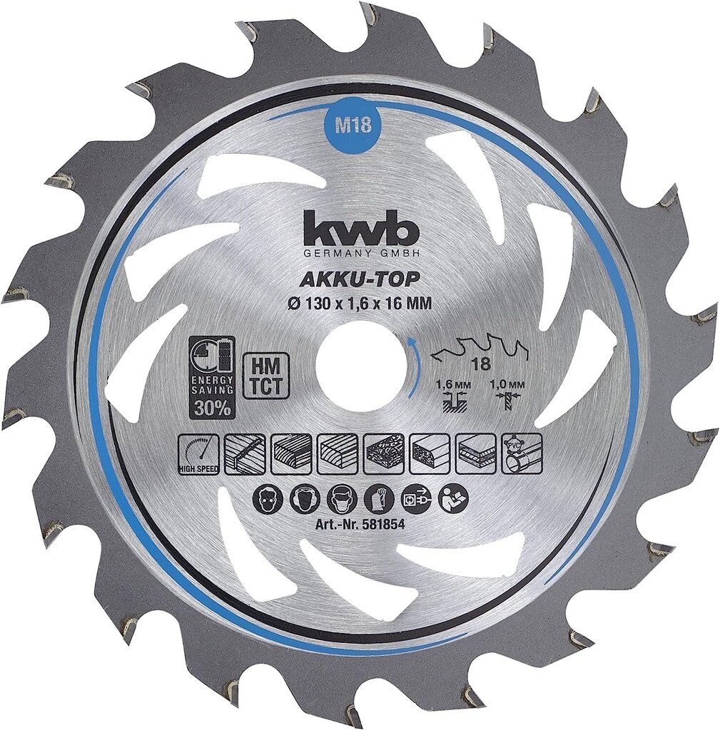 KWB Circuit Sowlala 130 x 16 mm mm, eriti akude masinate jaoks, saetera, mis sobib pehmete ja lehtpuude, puusepaplaatide ja puitplaadi jaoks hind ja info | Aiatööriistade lisatarvikud | kaup24.ee