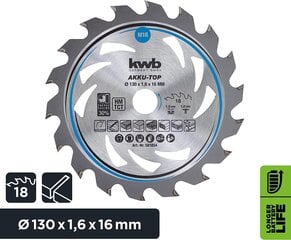 KWB Circuit Sowlala 130 x 16 mm mm, eriti akude masinate jaoks, saetera, mis sobib pehmete ja lehtpuude, puusepaplaatide ja puitplaadi jaoks hind ja info | Aiatööriistade lisatarvikud | kaup24.ee