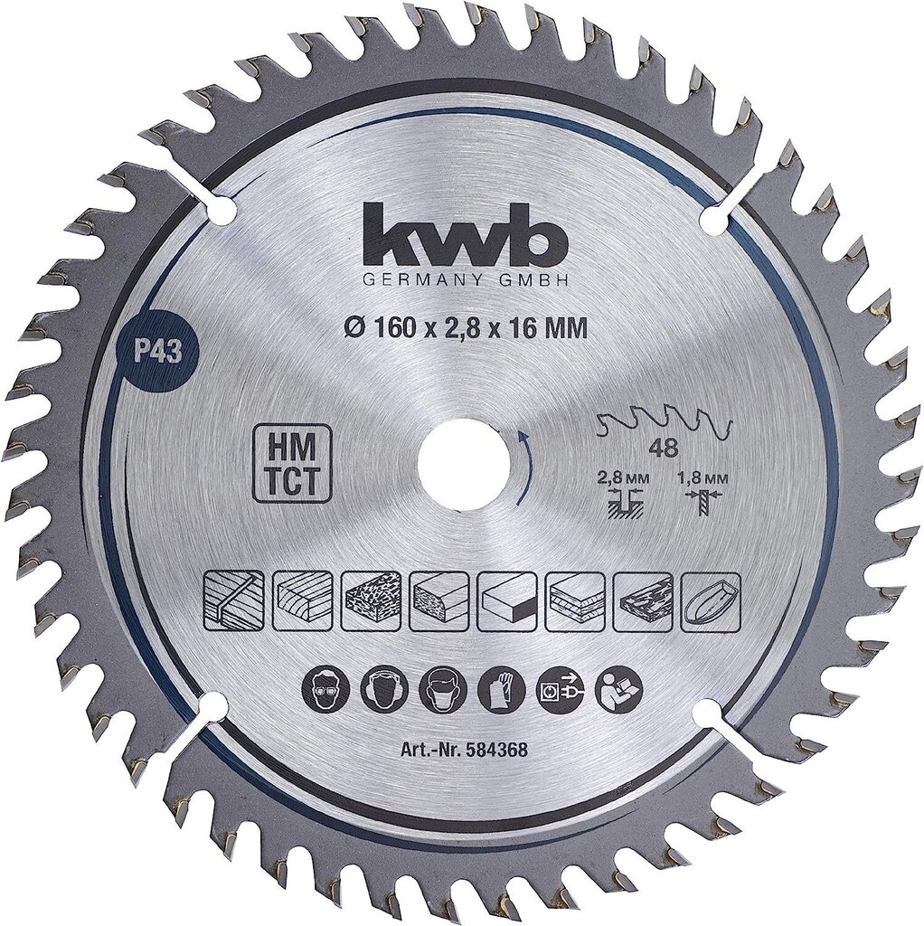 KWB Circuit Sow Slade 160 x 16 mm mm, väga peen lõigatud, saetera, mis sobib tööplaatidele, puidule ja kaetud paneelidele hind ja info | Aiatööriistade lisatarvikud | kaup24.ee