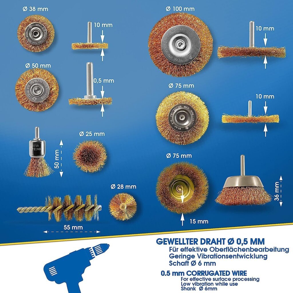 S&R traadi pintsli komplekt 7 -tükk puurimismasina terasest traatmõõtmiseks - Rundschaft 6mm - ketasharjad 38, 50, 75, 100 mm, potitud pintsel 75 mm, pintslipints цена и информация | Käsitööriistad | kaup24.ee