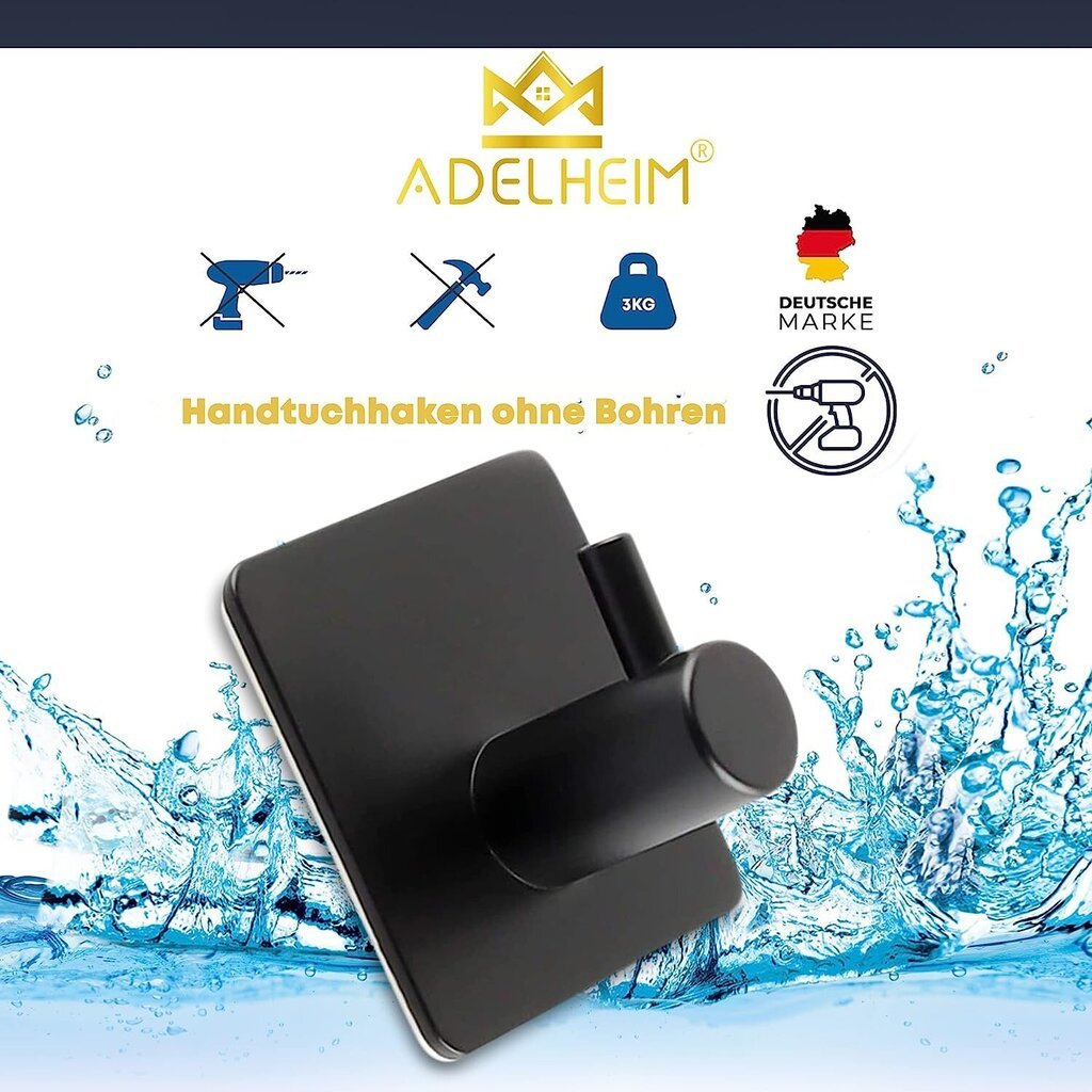 Adelheim® [4ER komplekt | Roostevabast terasest] Premium rätikukonks puurimiseta- garanteeritud hoidmine tänu sertifitseeritud 3m liimipatjadele rätikuhoidja must, kleepuvad konksud, rätikuhoidja puurimiseta (Schawarz) цена и информация | Vannitoa sisustuselemendid ja aksessuaarid | kaup24.ee