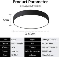 NATS 36W laelamp LED -lagilamp Ultra õhuke ümmargune tuli, soe valge 3000k Ø500x50mm, kontori elutoa köögikoha magamistuba 50 x 50 x 5 cm (must) цена и информация | Потолочные светильники | kaup24.ee