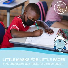 Avo+ Children One -Cay Macial Masks 50 PK, маски для лица для детей 4 года и старше, 3 -слойные фильтры, дышащие с адаптируемыми ушами, скрытая регулируемая кронштейна, черный цена и информация | Аптечки и товары для безопасности | kaup24.ee