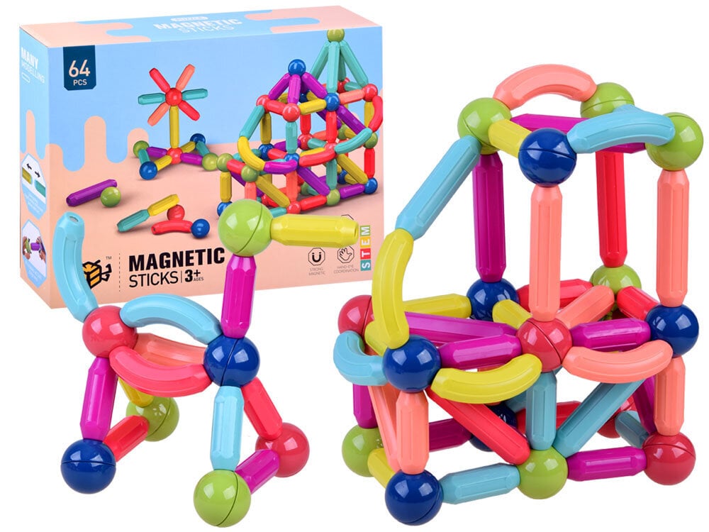 Värvilised magnetplokid lastele, 64 elementi hind ja info | Klotsid ja konstruktorid | kaup24.ee