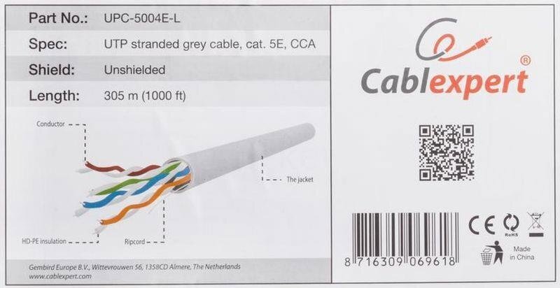 GEMBIRD UTP KABEL LINKA KAT 5E AWG24 CCA 305M hind ja info | Kaablid ja juhtmed | kaup24.ee