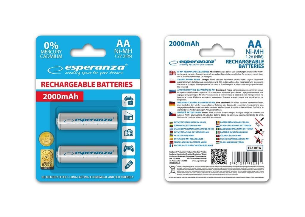 Taaslaetavad AA patareid Esperanza EZA103W, 2000mAh, valge hind ja info | Patareid | kaup24.ee