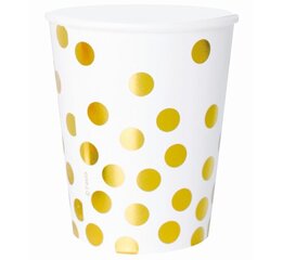 Одноразовые бумажные стаканчики «Gold dots», белые, 270 мл, 6 шт, (PF-KPZGB) 1712 цена и информация | Праздничная одноразовая посуда | kaup24.ee