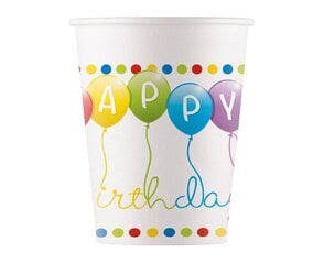 Ühekordsed pabertopsid "Happy Birthday", 200 ml, 8 tk 93461 hind ja info | Ühekordsed nõud | kaup24.ee