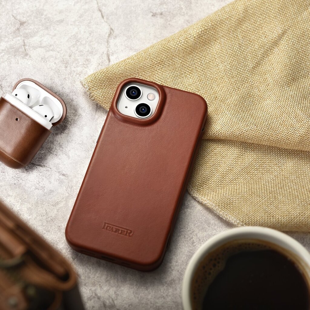 iCarer Leather iPhone 14 Plus magnetic flip MagSafe brown (AKI14220707-BN) цена и информация | Telefoni kaaned, ümbrised | kaup24.ee