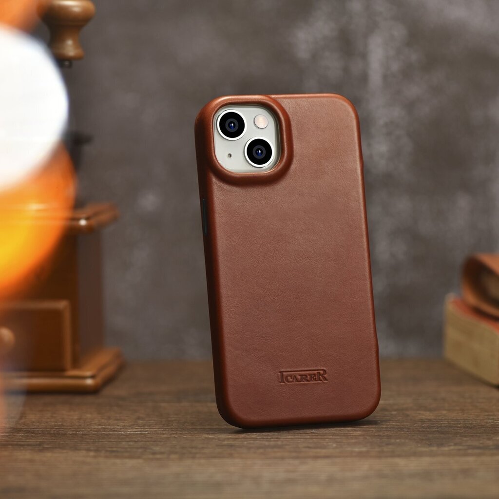 iCarer Leather iPhone 14 Plus magnetic flip MagSafe brown (AKI14220707-BN) цена и информация | Telefoni kaaned, ümbrised | kaup24.ee