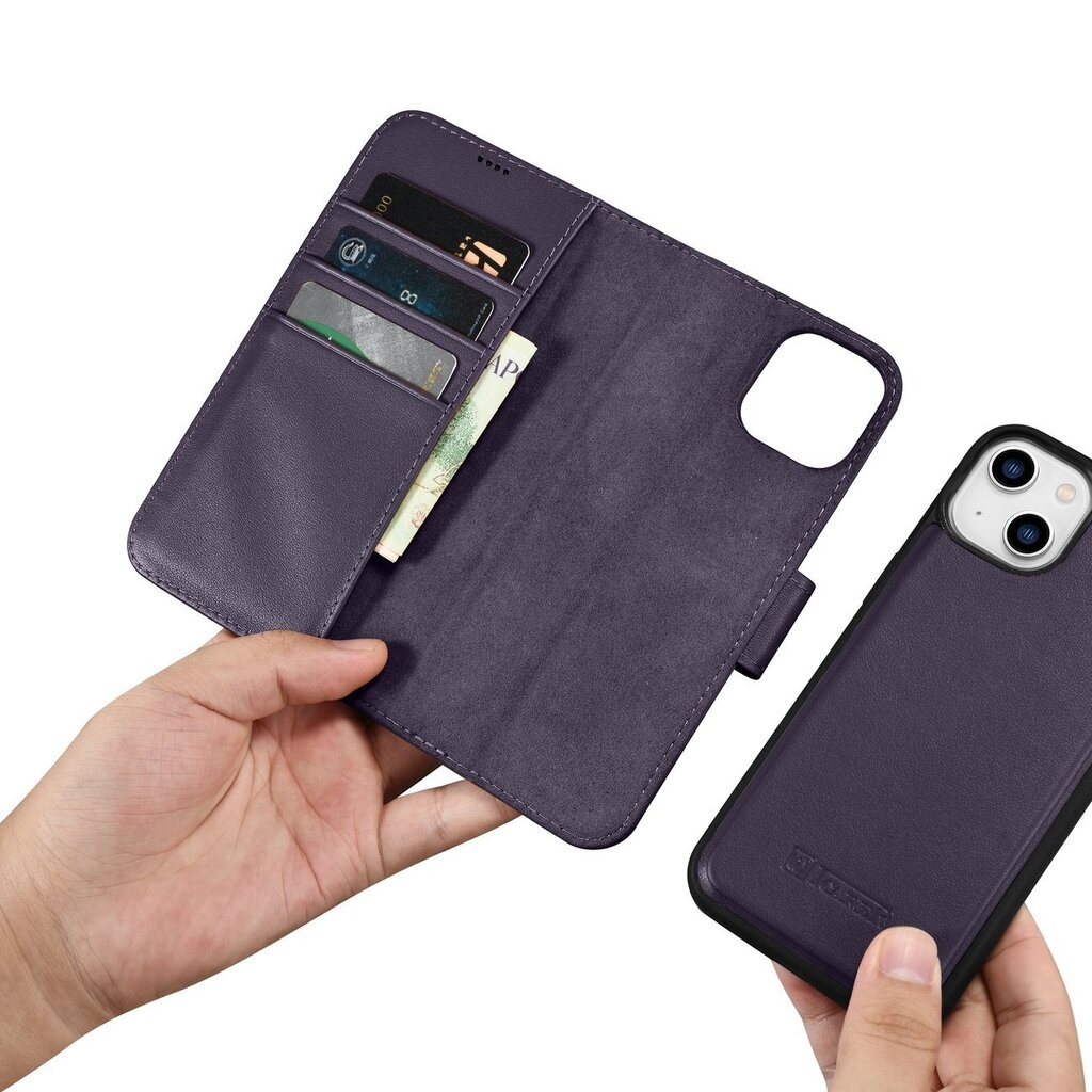 iCarer 2in1 iPhone 14 Leather Flip Anti-RFID dark purple (WMI14220725-DP) цена и информация | Telefoni kaaned, ümbrised | kaup24.ee