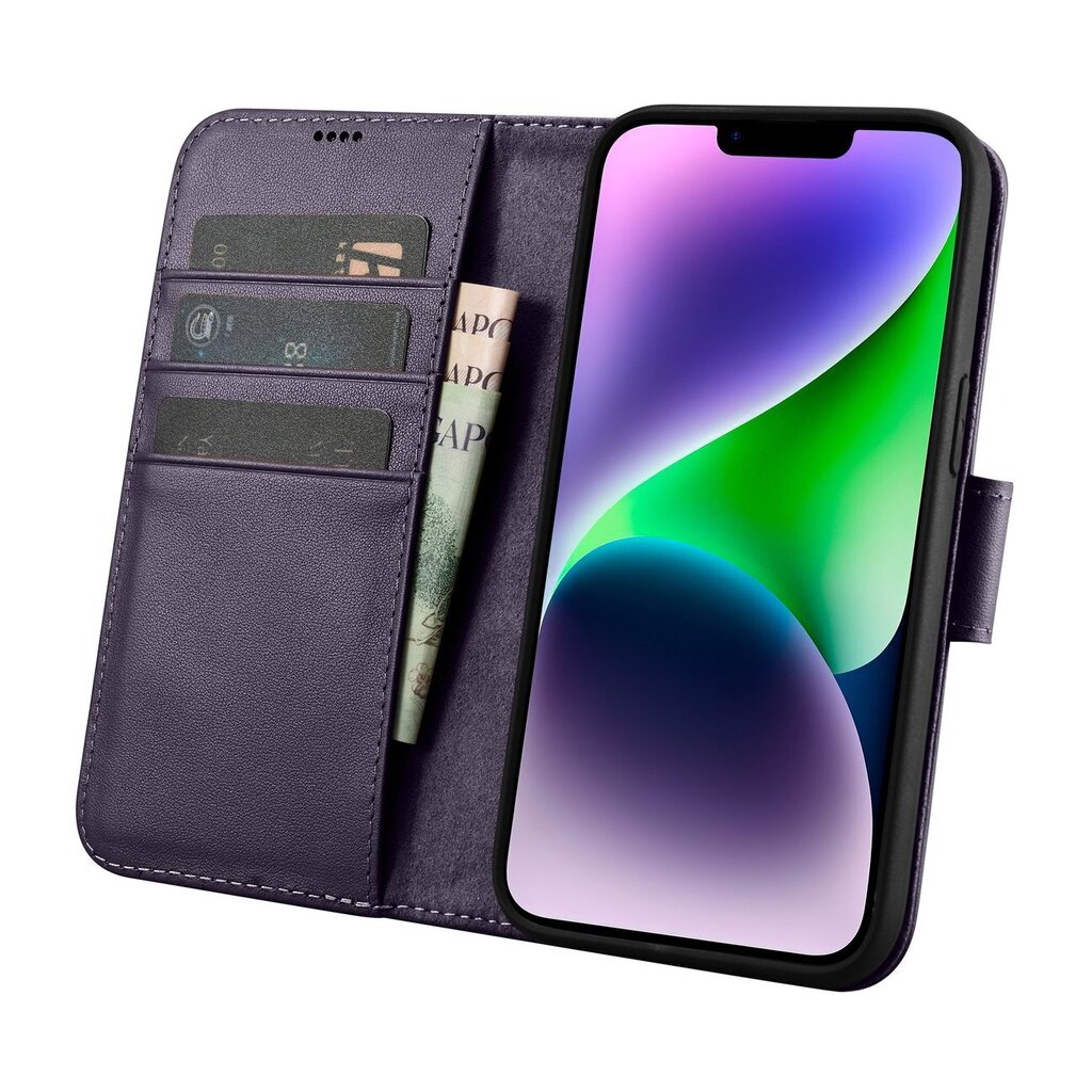 iCarer 2in1 iPhone 14 Leather Flip Anti-RFID dark purple (WMI14220725-DP) цена и информация | Telefoni kaaned, ümbrised | kaup24.ee