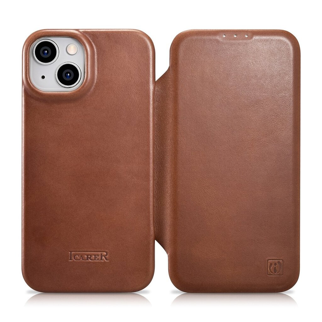 iCarer Leather iPhone 14 Flip Magnetic MagSafe Brown (AKI14220705-BN) цена и информация | Telefoni kaaned, ümbrised | kaup24.ee