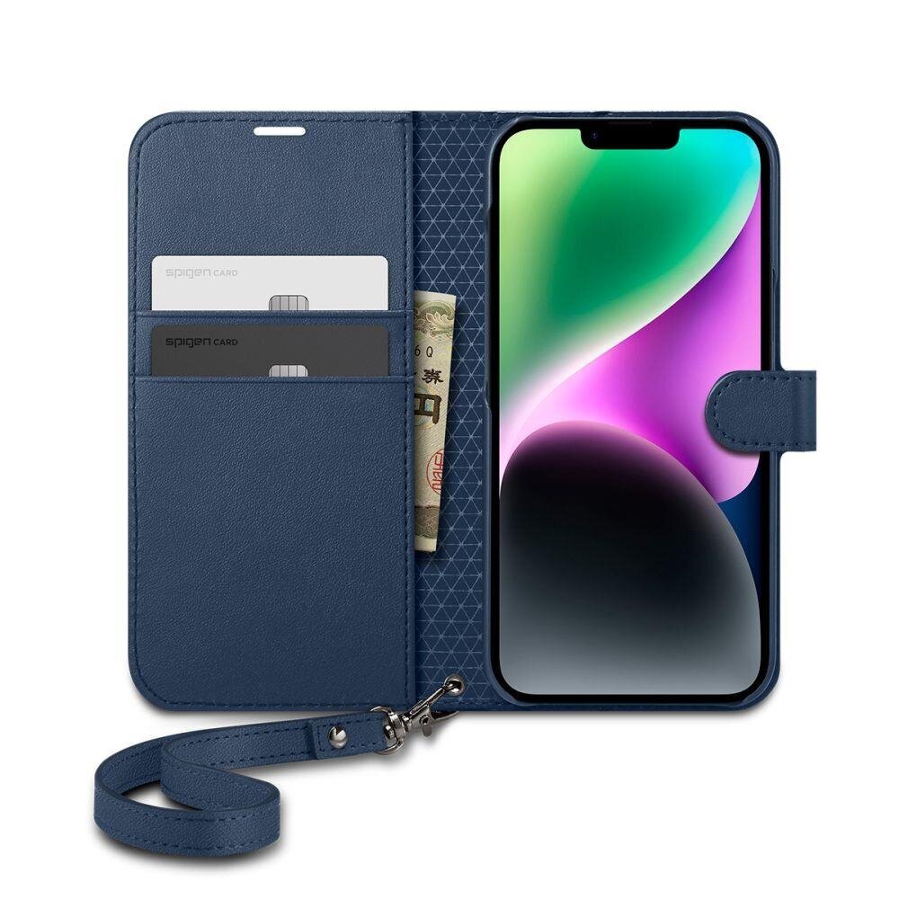 Spigen Wallet S Leather Flip Wallet for iPhone 14 Blue цена и информация | Telefoni kaaned, ümbrised | kaup24.ee