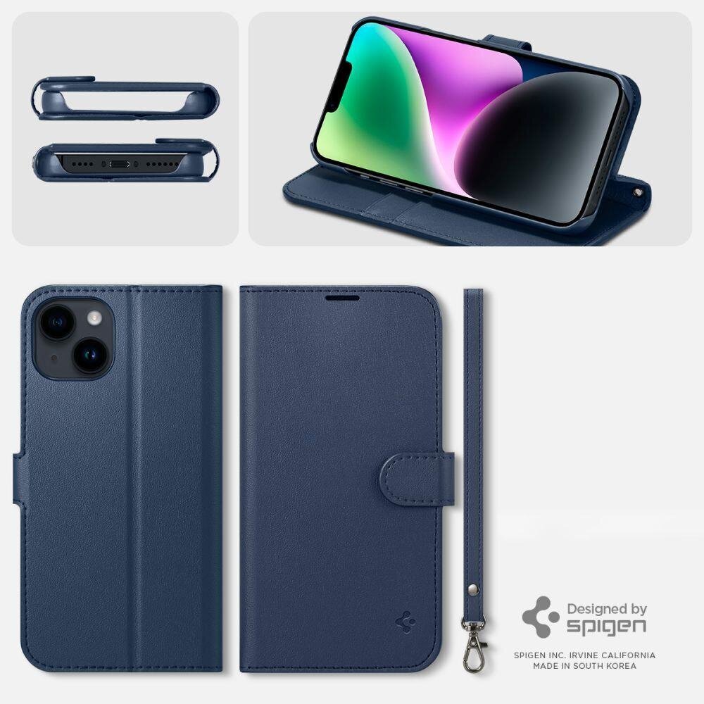 Spigen Wallet S Leather Flip Wallet for iPhone 14 Blue цена и информация | Telefoni kaaned, ümbrised | kaup24.ee