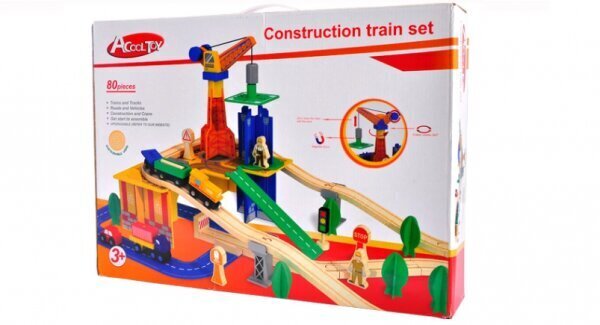 Puidust rongi- ja autorada koos kraana ja tarvikutega, 80 osa. hind ja info | Poiste mänguasjad | kaup24.ee