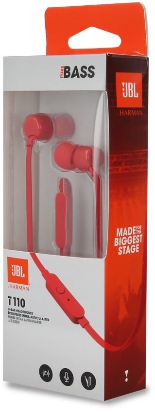 JBL T110 peakomplektid mikrofoniga / 3,5 mm / punane (EU blister) hind ja info | Kõrvaklapid | kaup24.ee