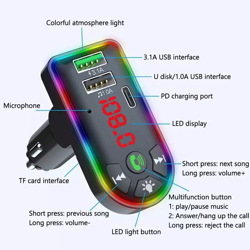 FM-automodulaator USB Type-C ühendusega telefoni jaoks, F7 цена и информация | FM modulaatorid, FM trasmitterid | kaup24.ee