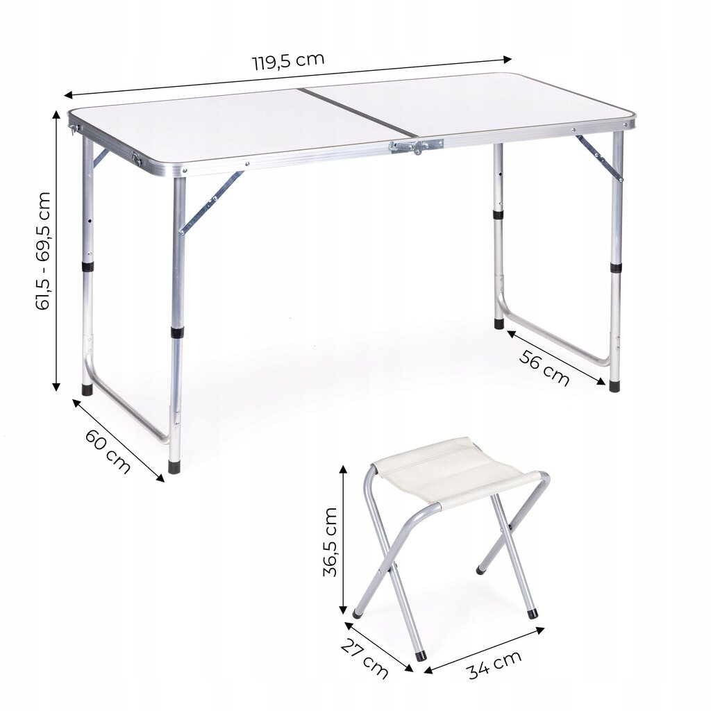 Modernhome Tourist table, folding table, set of 4 chairs White цена и информация | Matkamööbel | kaup24.ee