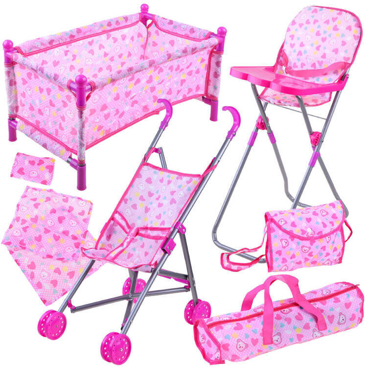 Nukukomplekt 5in1 koos voodi, jalutuskäru ja tooliga цена и информация | Tüdrukute mänguasjad | kaup24.ee