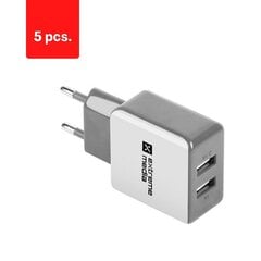 Laadija USB Extreme Media 230V USB 5V/2.1A, 2 pistikut, valge-halli värvi, pakis 5 tk hind ja info | Mobiiltelefonide laadijad | kaup24.ee