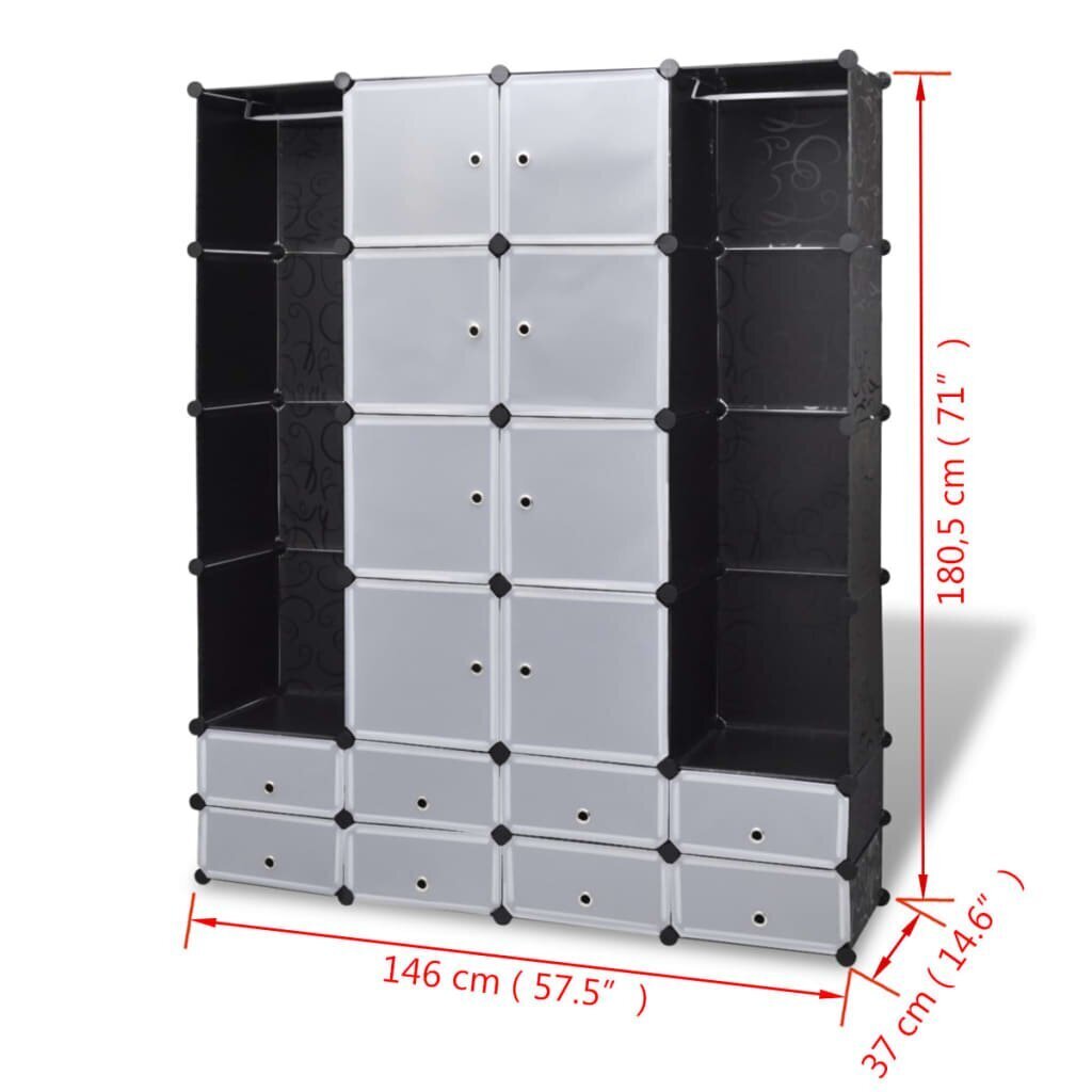vidaXL modulaarne kapp 18 sektsiooni must ja valge 37 x 146 x 180,5 cm цена и информация | Kapid | kaup24.ee