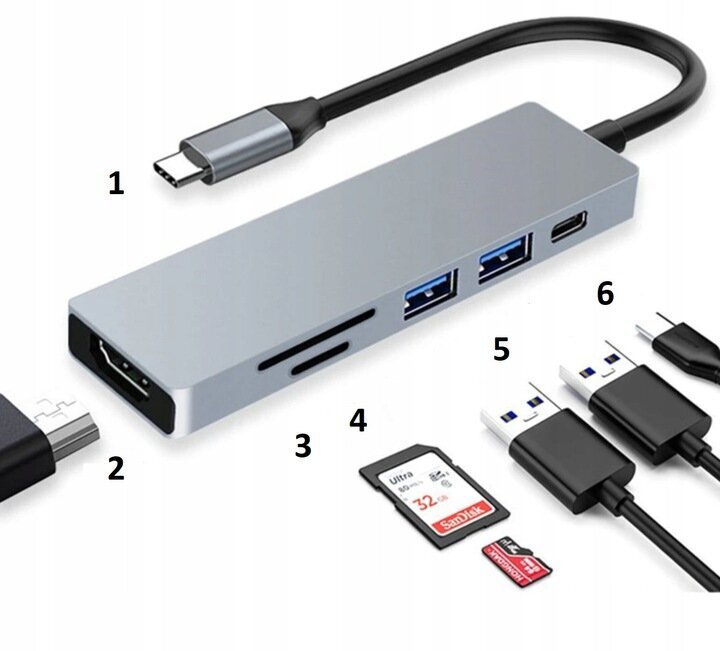 Adapter 6in1 Hub USB-C HDMI 4K SD Macbook Pro / Air hind ja info | USB jagajad, adapterid | kaup24.ee