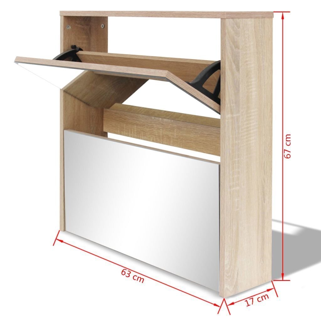 vidaXLi 2 sahtli ja peegliga kingakapp 63 x 17 67 cm tammevärvi hind ja info | Jalatsikapid, jalatsiriiulid | kaup24.ee