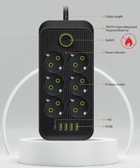 Pikendusjuhe - laadija, pikendusjuhe must, 4 USB, 2.1A, 2500W, 2m цена и информация | Удлинители | kaup24.ee