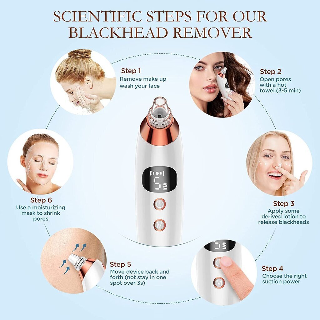 Zknen 5 kiirused Blackhead Remover vaakum/nägu pooride puhastaja / näo poorid vaakum akne vistrik eemaldamine vaakum imemise tööriist / face skin LED -valgusravi ja küttefunktsiooniga цена и информация | Näohooldusseadmed | kaup24.ee